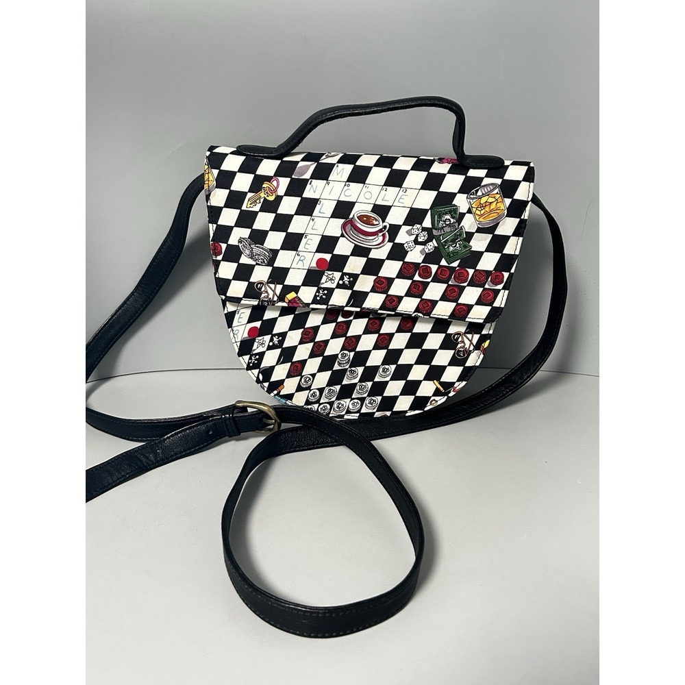 Vintage 90s NICOLE MILLER Silk Top Handle / Crossbody Crossword Puzzle Purse Bag